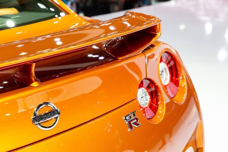 Nonthaburi , Thailand - April , 2019: close up taillights rare view of Nissan GT-R super sport car presented in motor show Thailand .のeditorial素材