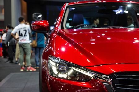 Thailand - April , 2019 : close up front view eco car from Mazda CX-3 presented at Nonthaburi international motor show in Thailand