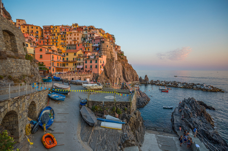 View of Manarola at sunset, 5 Terre, La Spezia province, Ligurian coast, Italy.のeditorial素材