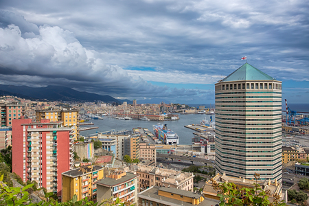 Genoa harbor landscape. The view from the hills of the cityのeditorial素材