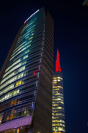 Unicredit Tower by night, Milan, Italy.のeditorial素材