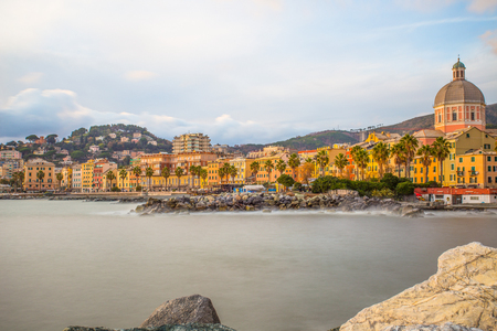 Beautiful village on the sea, Italian coast, Genoa, (Genova) Pegli, Italy, long exposureのeditorial素材