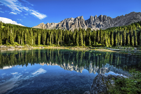 Karersee (Lago di Carezza), is a lake in the Dolomites in South Tyrol, Italy.In the background the...