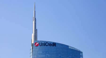 View of the Unicredit Tower in Gae Aulentis Square, the buisness area near the Garibaldi train station, Milan, Italyのeditorial素材