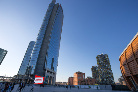 View of the Unicredit Tower and "Vertical Forest" in Gae Aulentis Square, the buisness area near the Garibaldi train station, Milan, Italyのeditorial素材