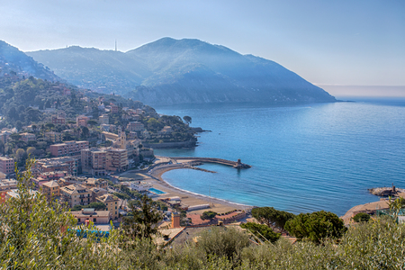 Aerial view of city of Recco, Genoa (Genova) province, Ligurian riviera, Italy.の写真素材