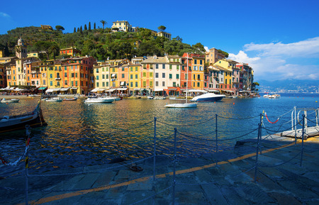 View of Portofino, an Italian fishing village, Genoa province, Italy. A tourist place with a picturesque harbor and colorful housesのeditorial素材