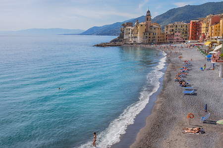 View of city of Camogli, Genoa Province, Liguria, Mediterranean coast, Italyの写真素材