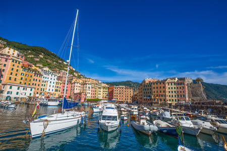 View of city of Camogli, Genoa Province, Liguria, Mediterranean coast, Italyのeditorial素材