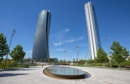 Isozaki Tower and Hadid Tower in the "City Life" complex in 3 Towers Milan place, modern buildings and condos.のeditorial素材