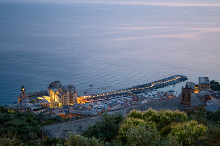 Aerial view of Camogli, Genoa province at dusk, Italy.の写真素材