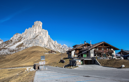 PASSO GIAU, ITALY OCTOBER 19, 2017 - Autumn landscape at Giau pass with famous Ra Gusela,Nuvolau peaks in background,Dolomites, Italy.のeditorial素材