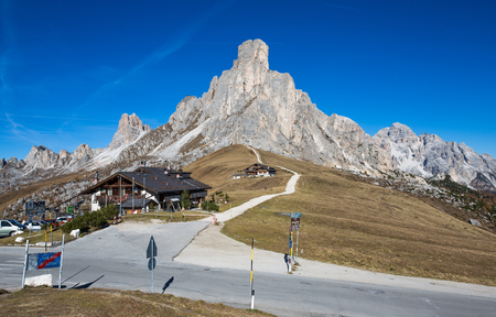 PASSO GIAU, ITALY OCTOBER 19, 2017 - Autumn landscape at Giau pass with famous Ra Gusela,Nuvolau peaks in background,Dolomites, Italy.のeditorial素材