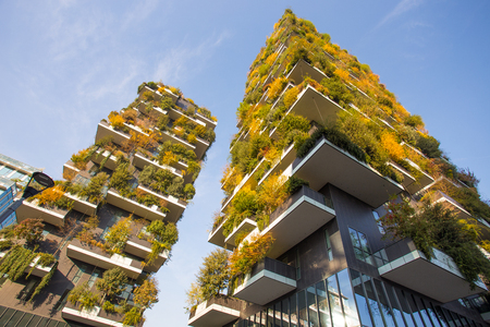 MILAN, ITALY, NOVEMBER 11, 2017 - "Bosco Verticale", vertical forest in autumn time, apartments and buildings in the area "Isola" of the city of Milan, Italyのeditorial素材