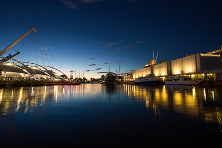 GENOA ( GENOVA), ITALY, DECEMBER 28, 2017 - View of old horbor (Porto Antico) at the blue hour in Genoa (Genova), Italy.のeditorial素材