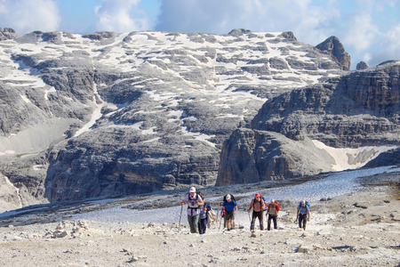 SASS PORDOI , ITALY, JULY 18, 2104 - People hiking on the trails of the Sass Pordoi, Dolomites, Italyのeditorial素材