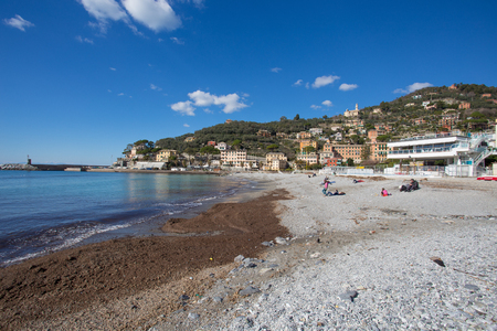 RECCO, ITALY, FEBRUARY 13, 2018 - View of city of Recco from the beach , Genoa (Genova) Province, Liguria, Mediterranean coast, Italyのeditorial素材