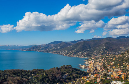 Aerial view of city of Camogli and east riviera, Genoa (Genova) province, Ligurian riviera, Mediterranean coast, Italyのeditorial素材