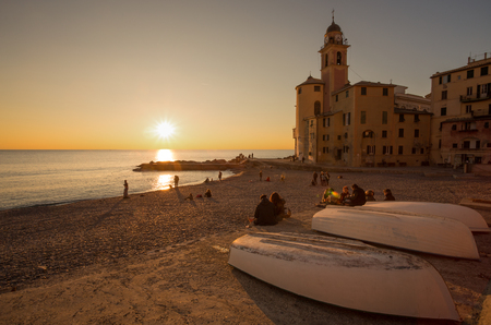 CAMOGLI, ITALY, JANUARY 13, 2018 - View of city of Camogli at sunset , Genoa (Genova) Province, Liguria, Mediterranean coast, Italyのeditorial素材