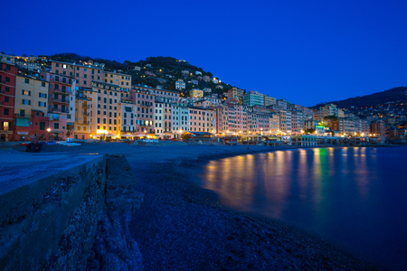 CAMOGLI, ITALY, JANUARY 13, 2018 - Panoramic view of city of Camogli by night , Genoa (Genova) Province, Liguria, Mediterranean coast, Italyのeditorial素材