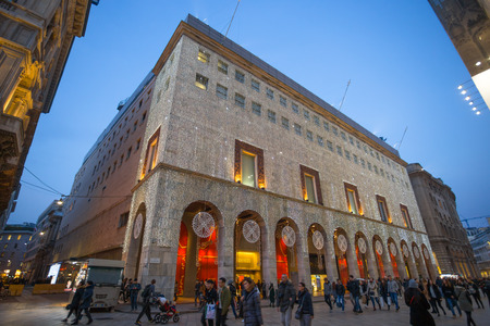 MILAN, ITALY, DECEMBER 5 , 2018 - Christmas lights in Duomo square buildings in Milan, Italy.のeditorial素材