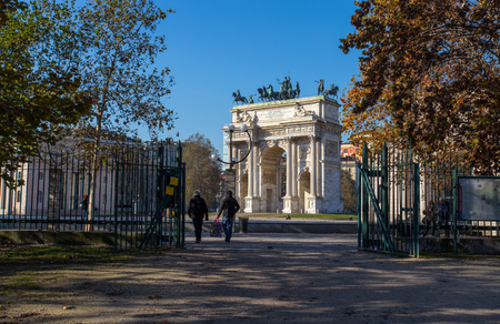 MILAN, ITALY, DECEMBER 5, 2018 - View of Arco della Pace, (Arch of Peace), from Sempione Park in city center of Milan, Italyのeditorial素材