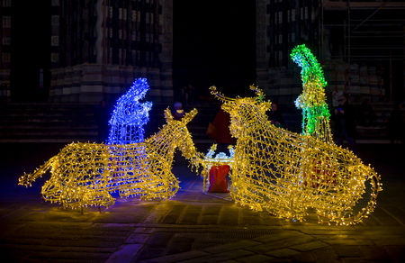 GENOA, ITALY, DECEMBER 11, 2018 - Close-up of Christmas nativity scene illuminated with colored lightsのeditorial素材