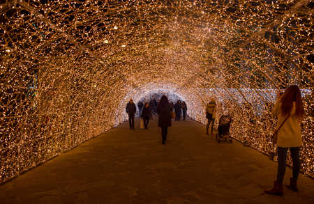 GENOA, ITALY, DECEMBER 11, 2018 - The tunnel of lights in the De Ferrari Square of Genoa, Italy.のeditorial素材
