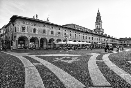 VIGEVANO, ITALY, MAY 10, 2015 - View of Ducale square with Bramante tower in Vigevano, Pavia province, Italyのeditorial素材
