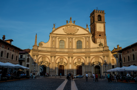 VIGEVANO, ITALY, MAY 10, 2015 - View of Ducale square with Ambrogio church in Vigevano, Pavia province, Italyのeditorial素材