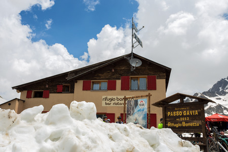 GAVIA PASS, ITALY, JUNE 20, 2019 - Bonetta refuge on Gavia pass, an alpine pass of the Southern Rhaetian Alps, marking the administrative border between the provinces of Sondrio and Brescia, Italyのeditorial素材