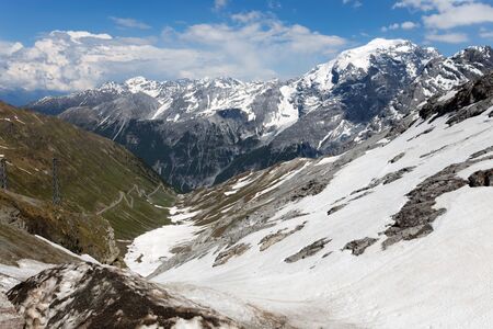 View from the Stelvio Pass, the highest automobile pass in Italy, 2758 metres , located between Trentino-Alto Adige and Lombardy, Italy.の写真素材