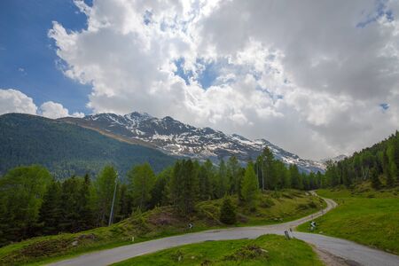 View from the Gavia pass, an alpine pass of the Southern Rhaetian Alps, marking the administrative...