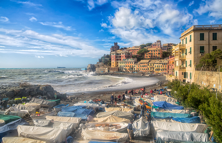 GENOA, ITALY, OCTOBER 10, 2018 - View of Genoa Vernazzola beach in a sunny day of autumn with blue sky with clouds.のeditorial素材