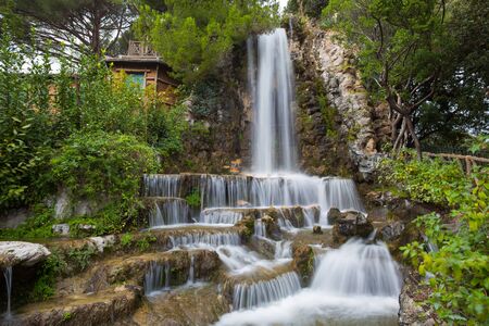 Waterfall in Villetta Di Negro Park in the city of Genoa, Italyの写真素材