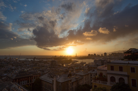 GENOA, ITALY, NOVEMBER  5, 2019 - Aerial view of Genoa, Italy at sunset, the harbor with the hiistoric centre, Italy, Europeのeditorial素材