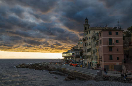 GENOA, ITALY, FEBRUARY 7, 2020 - View of Genova Boccadasse under a cloudy sky at sunset, Italy.のeditorial素材