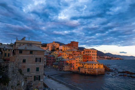 GENOA, ITALY, FEBRUARY 7, 2020 - View of Genova Boccadasse under a cloudy sky at sunset, Italy.のeditorial素材