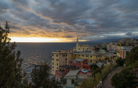 GENOA, ITALY, FEBRUARY 7, 2020 - View of Genova Boccadasse under a cloudy sky at sunset, Italy.のeditorial素材