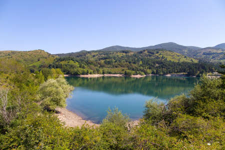 Giacopiane lake is an artificial reservoir located in the Sturla valley in the municipality of Borzonasca, inland of Chiavari, Genoa province, Italyの写真素材