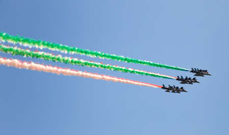 GENOA, ITALY MAY 26, 2020 - Acrobatic air performance of Frecce tricolori (tricolour arrows) in the...
