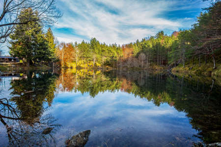 Autumnal landscape of Lame lake, Aveto Regional Natural Park, Genoa province, Italy.