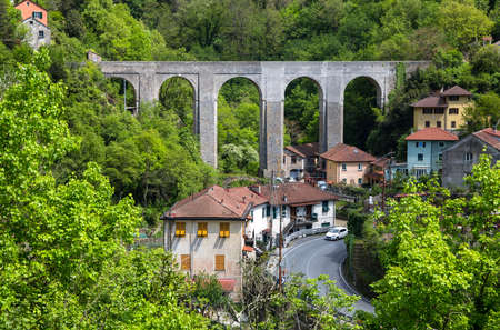 Ponte Canale (Canale bridge) on the historical aqueduct of Genoa, Italy, in the place of Cavassolo.の写真素材