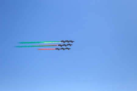 GENOA, ITALY MAY 26, 2020 - Acrobatic air performance of Frecce Tricolori (tricolour arrows) in the...