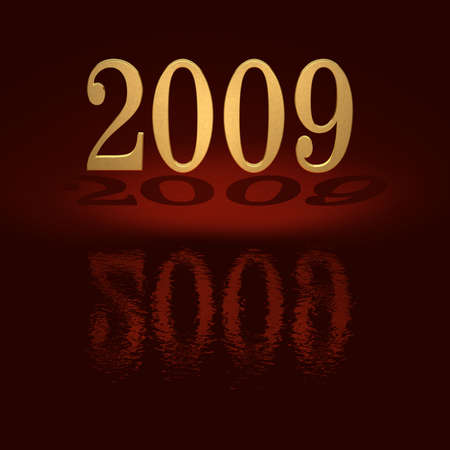 Gold 3D 2009 with reflections on red background - happy new yearの写真素材