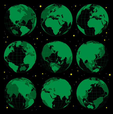 Planet icons silhouettes, black and green. Vector illustrationのイラスト素材