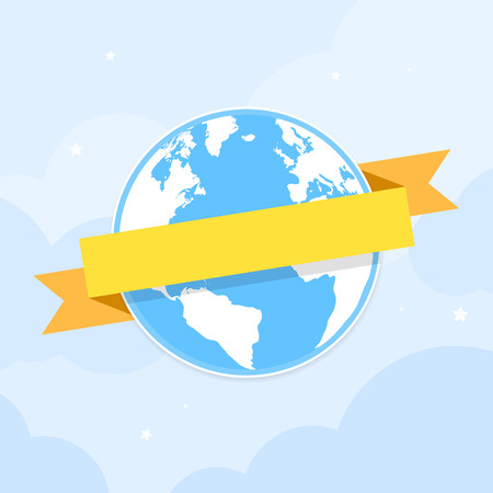 Planet Earth with ribbon banner around it. illustrationのイラスト素材