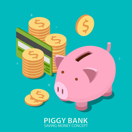 Piggy bank and money tower with credit card. Money savings concept. Flat isometric design.  illustrationのイラスト素材