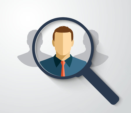 Vector concept of human resources management, professional staff research, head hunter job with magnifying glass in flat style.のイラスト素材