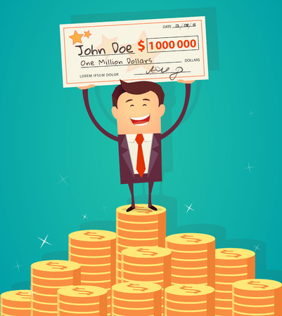 Man holding winning check for one million dollars and standing on the huge money staircase. Lottery and rich, lucky smile, cheque and money. Vector illustrationのイラスト素材